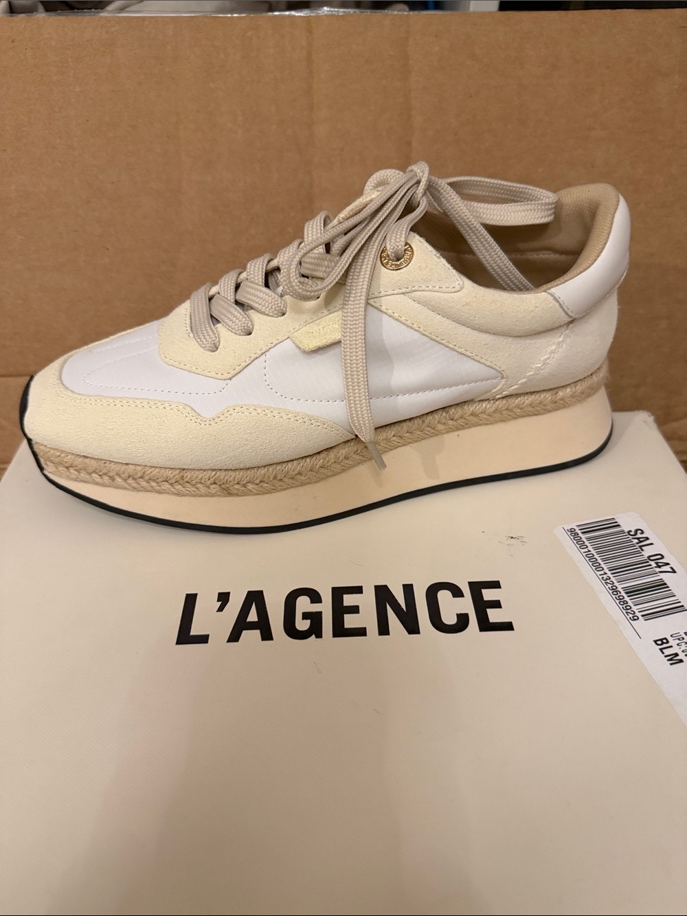 L'AGENCE Cream and White Espadrille-Trim Lace-Up Sneaker BRAND NEW